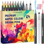 Creativepeak Watercolour Brush Pens, 24 Vibrant Soft Tip Colouring Markers w/ 2 Blending Brushes, Watercolour Brush Pen Set for Calligraphy, Lettering, Colouring & Journaling, Premium Art Supplies