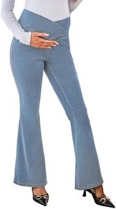 OUGES Womens Cotton Blend Stretchy V Cross High Waist Maternity Flare Jeans Bell Bottom Bootcut Jeans Pregnancy Must Haves Fall Clothes Trendy Denim Work Pants with Pockets 2025(Light Blue,L)