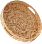 HITOMEN Hand-Woven Round Rattan Serving Tray Decorative Wicker Trays with Handles for Coffee Table (M-11.8'')