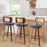 Bekrvio Swivel Counter Height Bar Stools Set of 3, Upholstered Faux Leather Barstools with Rattan Back, 26" Seat Height Bar Chairs for Kitchen Island, Bentwood Wood Frame, Grey