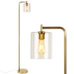 Brightech Elizabeth LED Floor lamp, Tall Lamp with Glass Shade & Edison Bulb, Industrial Lamp for Living Rooms & Offices, Vintage Standing Lamp for Bedroom in Farmhouse or Rustic Style - Gold