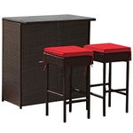 HAPPYGRILL 3-Piece Patio Bar Set Rattan Wicker Bar Stools and Table for Pool Garden Dining Set with Storage Shelves