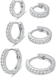 micuco 3 Pairs Small Hoop Earrings Tiny Cartilage Earrings Cubic Zirconia Cuff Earrings White Gold Huggie Hoop Ear Piercing Earrings for Women 8mm 10mm 12mm, Metal, Cubic Zirconia