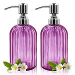 Soap Dispenser - 2 Pack 14 Oz Glass Soap Dispenser with Rust Proof Stainless Steel Pump, Refillable Liquid Bottle Dispenser, Premium Hand Jar Dispenser for Bathroom, Kitchen, Countertop (Purple)