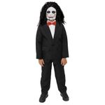 Kids Creepy Puppet Costume - Large - Black Suit, Black Wig, Red Bowtie, White Gloves, Red, White, Grey & Black Facepaint - Childs Halloween Fancy Dress Costume