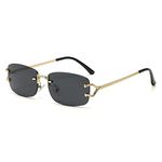 kachawoo Small Square Rimless Sunglasses for Women Metal Rimless Retro Sunglasses Luxury Brand Design Eyewear Slim Lens, Gold with black, Small