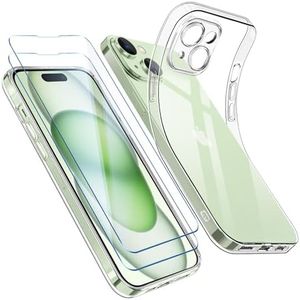 Qasyfanc Funda Compatible con iPhone 15 Carcasa con Protección de La Cámara y 2 Piezas Cristal Templado, Funda iPhone 15 Silicona Suave Caso Delgada, Transparent