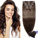 Full Head Clip in Real Hair Extensions - Remy Human Hair Straight - Double Weft - 8 Pieces (22"-160g, 2 Dark Brown)