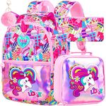 3Pcs Unicorn Backpack for Girls, 16" Kids Rainbow Bookbag with Lunch Box，Waterproof Lightweight Backpacks Set for Kindergarten/Preschool/Elementary School (Pink)