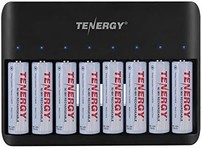 Tenergy TN477U 8-Bay Fast Charger for AA/AAA Ni-MH/NiCD Rechargeable Batteries with Micro USB and USB C Input + 8X AA Rechargeable Batteries