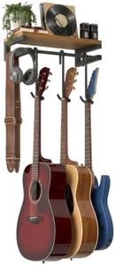 ZOESEEK Guitar Wall Mount Hanger with Rustic Wood Shelf, Holds 3 Guitars, Detachable Hooks for Acoustic Electric Bass Ukulele, Heavy Duty Guitar Rack Storage Organizer for Home Studio