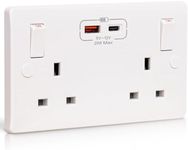 Double Wall Socket with USB C Port 20W Fast Charging Standard UK Plug Socket 13 Amp 2 Gang White