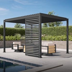 MIRADOR 111S Round 10'x13' Metal Louvered Pergola with 1/3 13FT Aluminum Shutter Wall for Outdoor,Deck,Lawn,Garden,Backyard and Patio，Charcoal