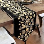 DaDa Bedding Elegant Golden Reindeer Christmas Table Runner - Black & Gold Festive Snowflake Design - Premium Needle-Stitched Cotton Linen Woven Decor - Perfect for Holiday Dining Tables - 13" x 90"