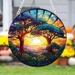 WOHAHA Forest Trees Sunset Stained Acrylic Window Hanging Panels Indoor Outdoor Round Windows Hanger Kitchen Bedroom Garden Wall Art Decor Gifts for Women Mom Grandma Teacher