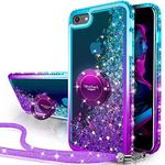 Silverback for iPhone SE 2022 iPhone SE 2020 8 7 Case with Ring Kickstand Lanyard, Moving Liquid Holographic Sparkle Glitter, Girls Women Diamond Protective Cover for iPhone SE3 SE2 8 7 Case -Purple