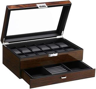 BEWISHOME 12 Watch Box with Valet Drawer, Luxury Watch Case,Watch Organizer for Mens Accessories with Real Glass Top,Metal Hinge, Brown SSH02Y