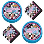 HOME & HOOPLA 50's Party Supplies - Fabulous Fifties Paper Dinner Plates and Lunch Napkins (Serves 16) - Nostalgic Tableware for a Retro Celebration