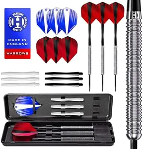 Harrows Caliber 90% Tungsten Steel Tip Darts Set I 21g to 30g All Weights Available I Huge 16pcs Bundle with Spare Shafts, Prime Flights & Travel Case(Silver, 23 Grams)