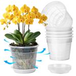 T4U Orchid Pot, 6 Pack 14cm Clear Orchid Pots with Holes and Saucers for Repotting, Plastic Flower Plant Pot with Drainage for Indoor Outdoor Plants, Slotted Orchids Planter for Root Health