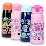 Fringoo Kids Water Bottle with Straw 350ml Stainless Steel Bottle,Insulated Double Wall, 100% Leak-Proof and Lockable, Carry Handle, 12hr temp control, Pink cute animals design