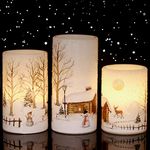 Eldnacele Christmas Flameless Candles Flickering with 6H Timer, 3 Pack Snow Scene Snowman Decal Real Wax Candles Lights LED Flames for Christmas Home Decoration Powered by 2 AA Batteries