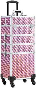 Yaheetech 4-in-1 Kosmetikkoffer, Trolley Schminkkoffer, Großer Make up Koffer, Abschließbar Multikoffer Friseurkoffer Beauty Case mit Rollen und Schublade, Glitzer Rosa
