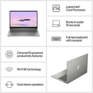 HP Chromebook Plus 15.6" Laptop – i3, 8GB RAM, 128GB SSD, Silver