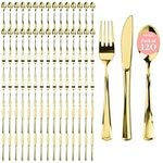 Prestee 120 Gold Plastic Silverware Set, Gold Plastic Cutlery Set, Gold Silverware, 40 Plastic Forks, 40 Plastic Spoons, 40 Plastic Knives, Heavy Duty Bulk Disposable Flatware Plastic Utensils Set