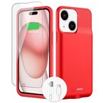 Battery Case for iPhone 15/15Pro, Real 7000mAh Ultra-Slim Battery Charging Case 15W Fast Rechargeable Anti-Fall Protection Extended Charger Cover for iPhone 15/15 Pro Charging Case-6.1inch（Red）