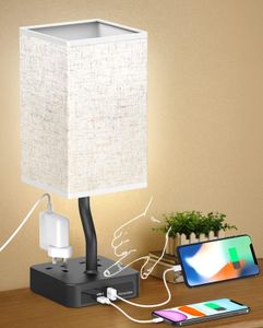 Alimentata Bedside Table Lamp, Touch Control Nightstand Bedroom Lamp with USB C & USB A Charging Ports, 2 Way Outlets, Minimalist Brown Fabric LED Desk Night Light for Living Room Office