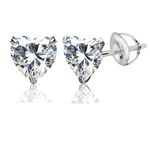 HIGHSPARK 925 SIlver Heart Solitaire Screwback Stud Earrings | 92.5 Sterling Silver & Heart Brilliant Cubic Zirconia Tops for Men Women Boys & Girls | Silver 7mm