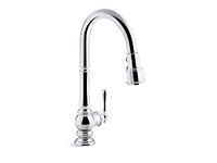 KOHLER K-99259-CP Artifacts Single-Hole Kitchen Sink Faucet with 17-5/8-Inch Pull-Down Spout, 3-Function Sprayhead, and Turned Lever Handle, Polished Chrome