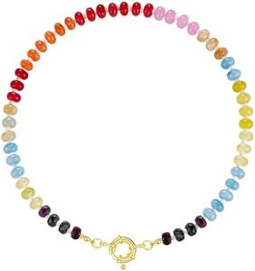 KissYan Beaded Gemstone Necklace for Women, Colorful Boho Bead Choker Natural Stone Surfer Beach Necklaces 14K Gold Plated Summer Handmade Jewelry(B23)
