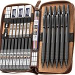 Nicpro 30PCS Black Metal Mechanical Pencils Set in Leather Case, Art Drafting Pencil 0.5, 0.7, 0.9 mm, 2mm Lead Pencil Holders for Sketching Drawing With 16 Tube (6B 4B 2B HB 2H 4H Colors)Lead Refills