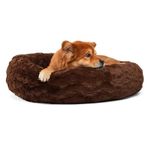 Caresful The Original Calming Donut Cat and Dog Bed in Lux Fur, Machine Washable, Orthopedic Relief, for Pets Brown ( Medium )