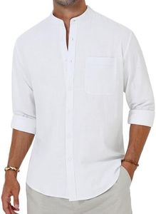 Alimens & Gentle Men's Cotton Linen Shirts Long Sleeve Button Down Shirt Band Collar Beach Shirts, All White, Large