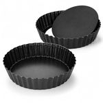 LOLYSIC 2 Pack Deep Quiche Tins with Loose Base, 24 cm / 9.4 Inch Non-Stick Carbon Steel Fluted Tart Tin, 5.5 cm Deep Removable Bottom Flan Tin Pie Dish for Baking, Black