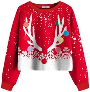 Arshiner Girl Christmas Cropped Sweatshirt Long Sleeve Crop Top for Kids Crewneck Sweatshirts Christmas Antlers 11-12 Years