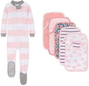 Burt's Bees Baby baby girls Zip-up Footed Sleeper Pj & Set of Bibs Bundle, 100% Organic Cotton Gifting, Pink Elephants, 24 Months US