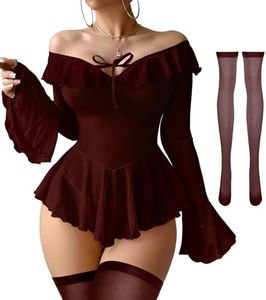 Foxiny Sheer Ruffle Long Sleeve Babydoll Lingerie Dress Burgundy 4XL