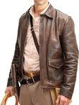 Men's Raiders of The Lost Harrison Jones Vintage Brown Bomber Leather Jacket Genuine Cowhide Distressed Leather Jacket, Distressed Brown, 4X-Large