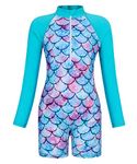 AmzBarley Mermaid Swimming Costume Girls UV Protection Swimwear Little Child Long Sleeve Rash Guard Kids One-Piece Swimsuit Beach Holiday Swimwear Blue Age 7-8 Years Size 130