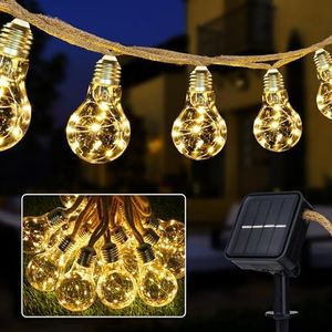 Joomer Guirnaldas de Luces Exterior Solar, 7.5M Cuerda de cáñamo Vintage LED Cadena de Luz con 16 Bombillas, Impermeable 8 Modos Luces Jardin Exterior Blancas Cálidas para Jardín Patio Fiesta Terraza