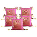 Stylo Culture Banarasi Brocade Couch Sofa Decorative Cushion Covers 18 x 18 Inch Magenta Pink Square Gold Jacquard Boho Tassels 45x45 cm Home Decor Peacock Floral Ethnic Pillowcases 150 TC | Set of 5