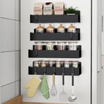 Homaxy Magnetic Spice Rack for Refrigerator，Fridge Organizer for Kitchen Organization and Storage, 4 Pack (Black) Metal Shelf with 8 Moveable Hooks