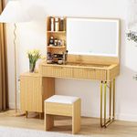 galasily 35.4" Fluted Makeup Vanity Desk with Large Mirror and Lights Chairs, Wood Modern Glass Top Big Vanity Table with Drawers Seat, Wooden Dressing Table Set w/Charging Station for Bedroom