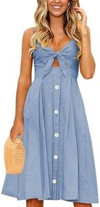 ECOWISH Women 2024 Summer Dresses Tie Front V-Neck Spaghetti Strap Button Down A-Line Backless Swing Midi Dress 809 Blue XL