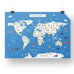 EkDali Map of The World with Animals and Monuments Poster | world map poster for kids | Wall posters for study,world map learning (16.5x 23.4)