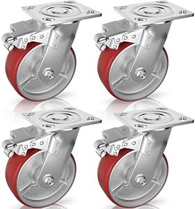 Castor Wheels, 150mm Heavy Duty Casters Set of 4 - ASRINIEY Locking Castors with No Noise Polyurethane on Steel Wheels, Swivel Plate Castor with Brake for Toolbox Workbench, 2268Kg Total Capacity
